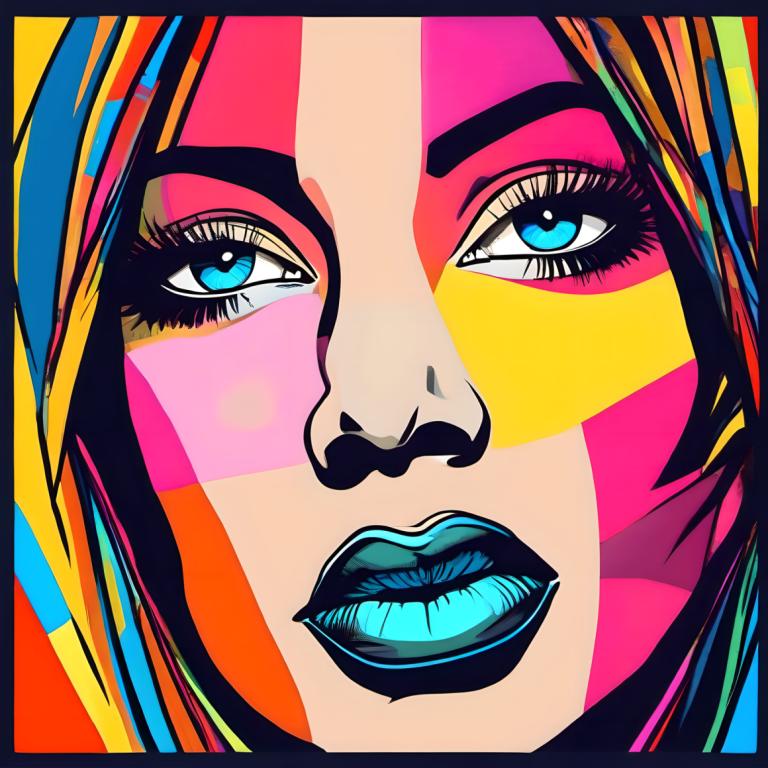 Pop Art,Pop Art, Mennesker, kvinne, 1 jente, solo, blå øyne, sminke, leppestift, flerfarget hår, blondt hår