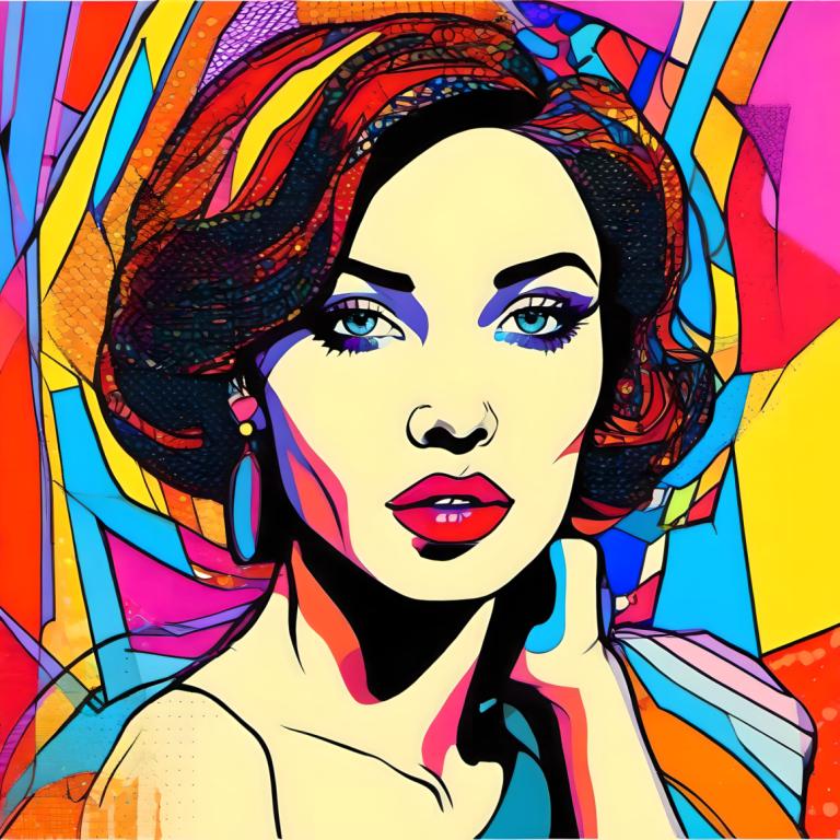 Pop Art,Pop Art, Mennesker, kvinne, 1 jente, solo, øredobber, blå øyne, smykker, portrett, sminke