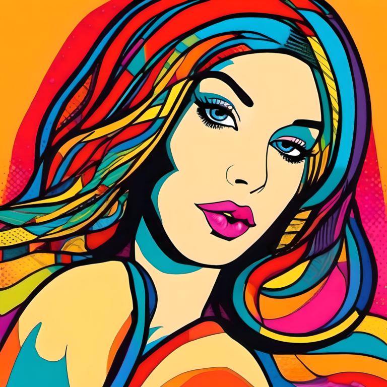 Pop Art,Pop Art, Oameni, femeie, 1 fata, solo, ochi albaștrii, păr multicolor, colorat, portret, inventa