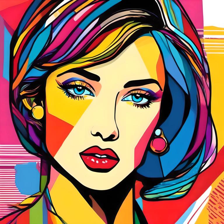 Pop Art,Pop Art, Mennesker, kvinne, 1 jente, solo, øredobber, blå øyne, smykker, portrett, fargerik, sminke