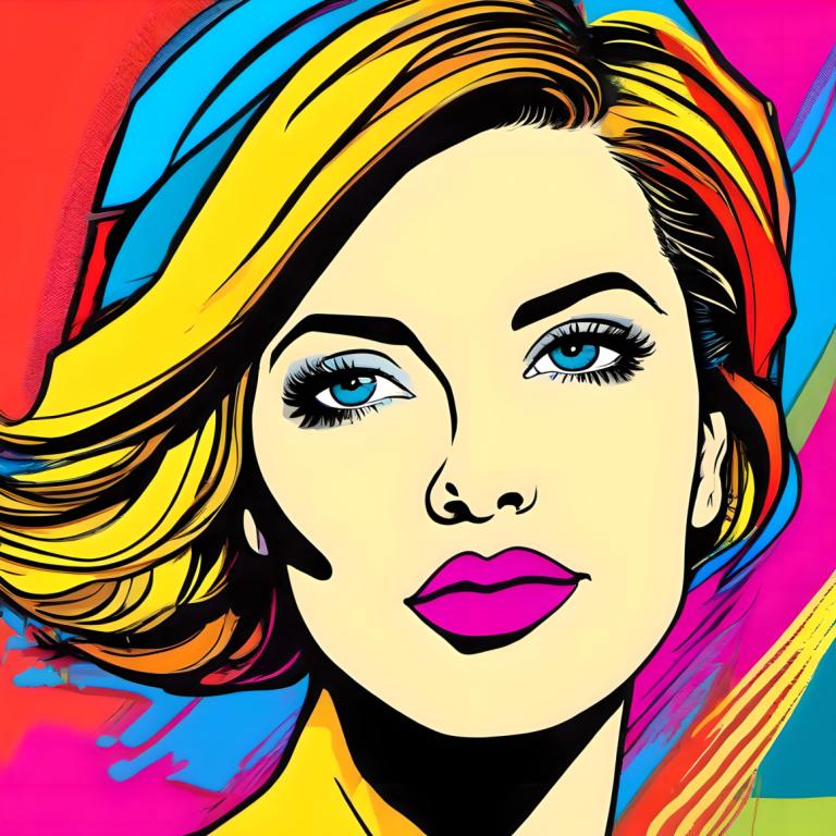 Pop Art,Pop Art, People, woman, 1girl, solo, blonde hair, blue eyes, portrait, colorful, makeup