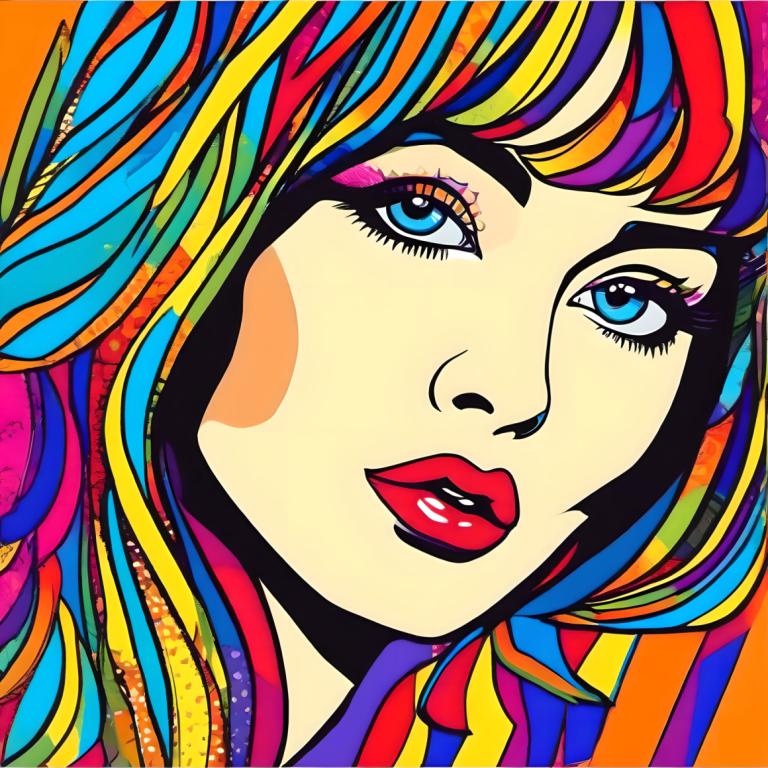 Pop Art,Pop Art, People, woman, 1girl, solo, colorful, blue eyes, multicolored hair, rainbow hair, makeup