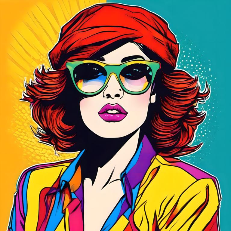 Pop Art,Pop Art, People, woman, 1girl, solo, shirt, sunglasses, red hair, upper body, makeup, lips, lipstick