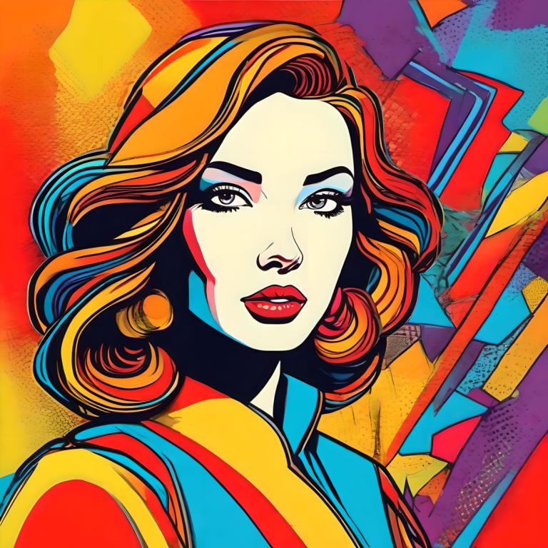 Pop Art,Pop Art, Lidé, žena, 1 dívka, sólo, barvitý, makeup, při pohledu na diváka, oranžové vlasy, černé oči