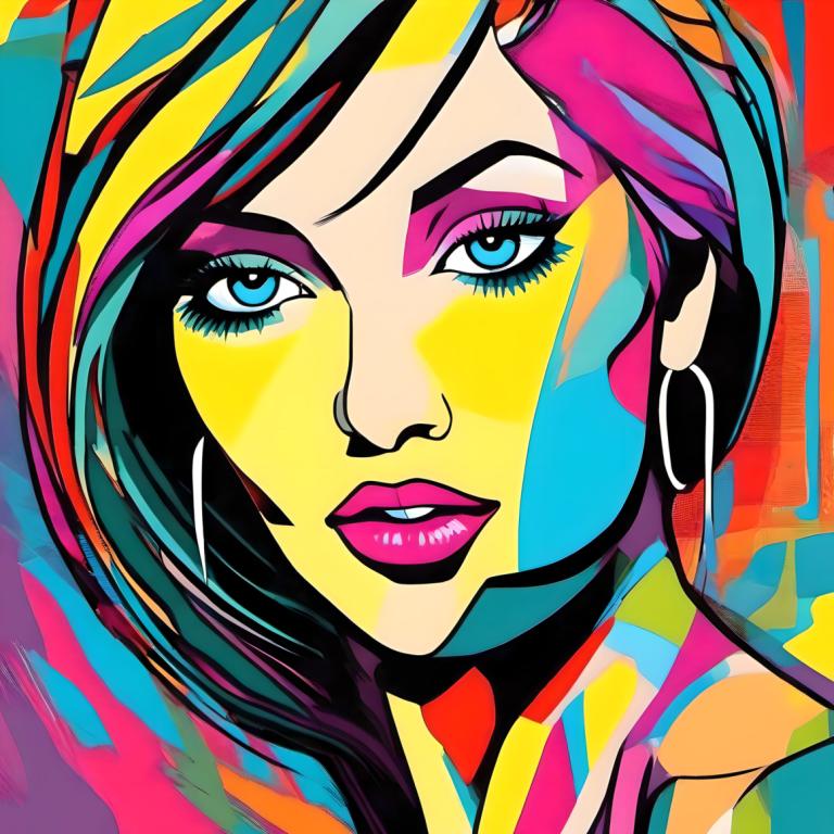 Pop Art,Pop Art, Lidé, žena, 1 dívka, sólo, barvitý, náušnice, šperky, duhové vlasy, modré oči