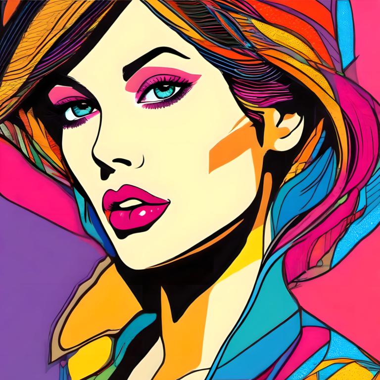 Pop Art,Pop Art, Mennesker, kvinde, solo, 1 pige, flerfarvet hår, makeup, farverig, regnbuehår, blå øjne