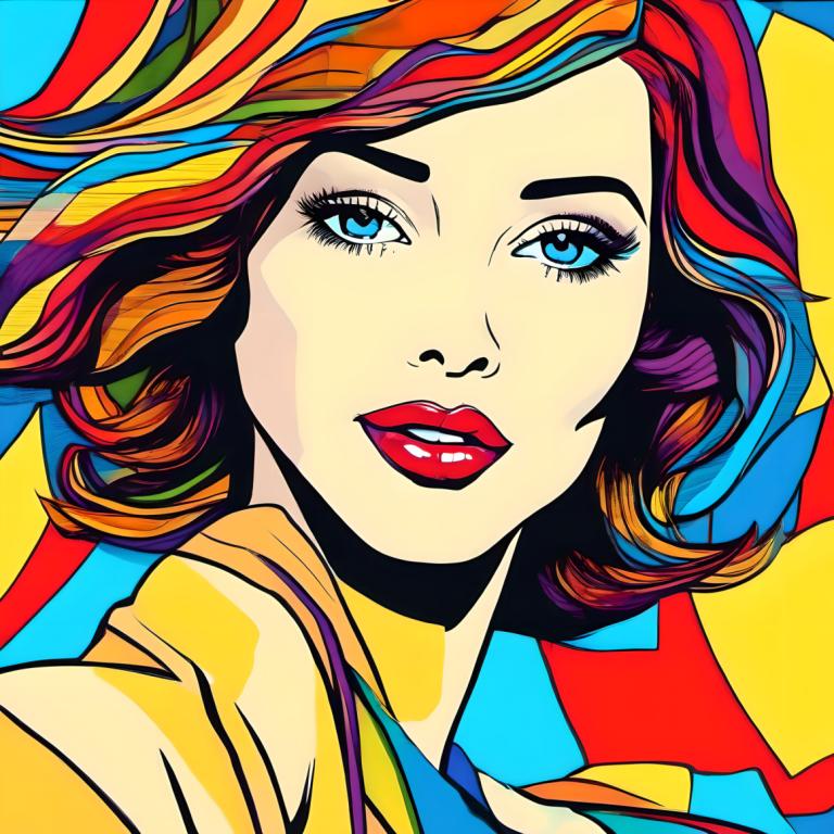 Pop Art,Pop Art, People, woman, 1girl, solo, blue eyes, multicolored hair, makeup, red lips, portrait