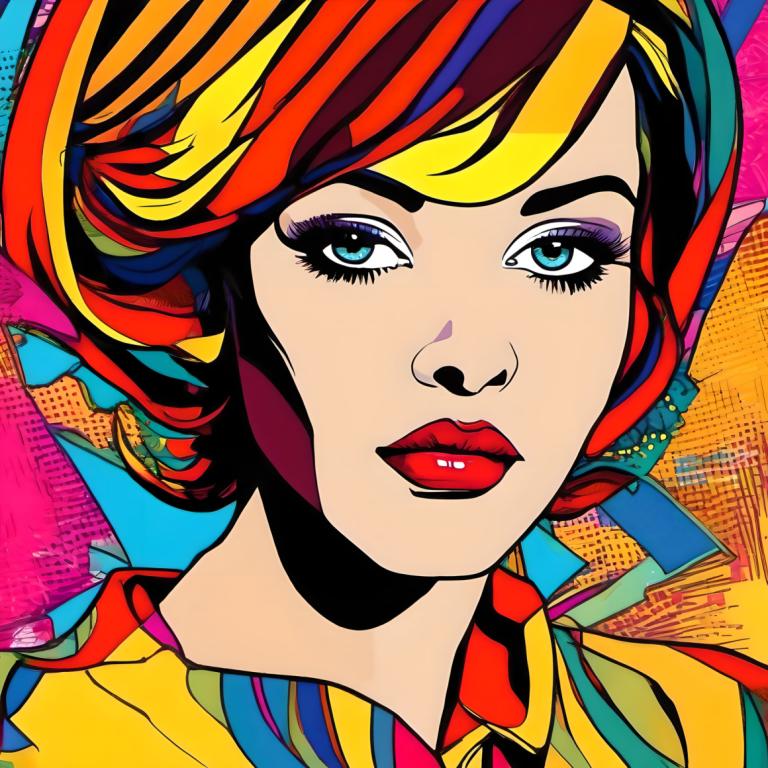 Pop-Art,Pop-Art, Menschen, Frau, 1Mädchen, Solo, bunt, bilden, blaue Augen, mehrfarbiges Haar, blondes Haar