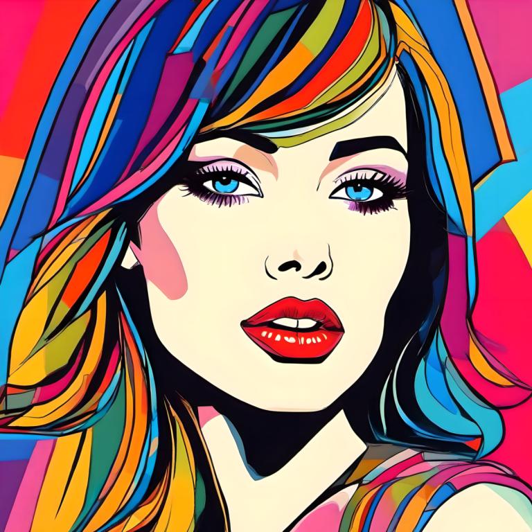 Pop Art,Pop Art, People, woman, 1girl, solo, blue eyes, multicolored hair, portrait, makeup, blonde hair