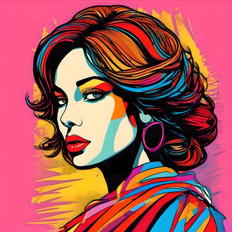 Pop-Art,Pop-Art, Menschen, Frau, 1Mädchen, Solo, Ohrringe, Schmuck, bilden, mehrfarbiges Haar, braune Haare