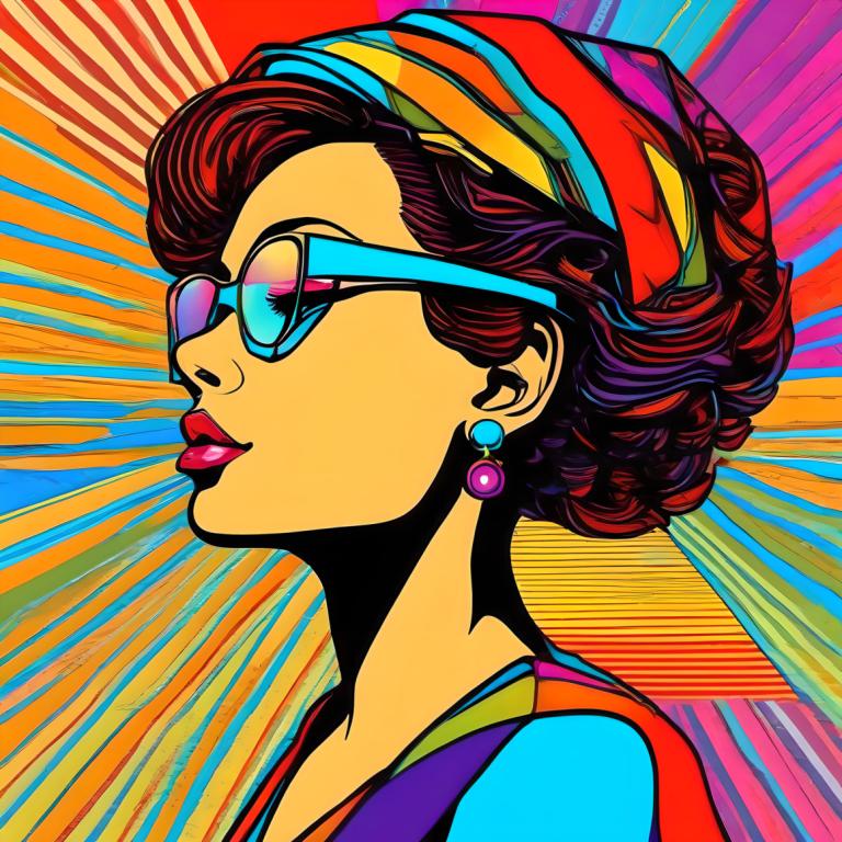 Pop Art,Pop Art, People, woman, 1girl, solo, earrings, jewelry, colorful, profile, tinted eyewear, glasses