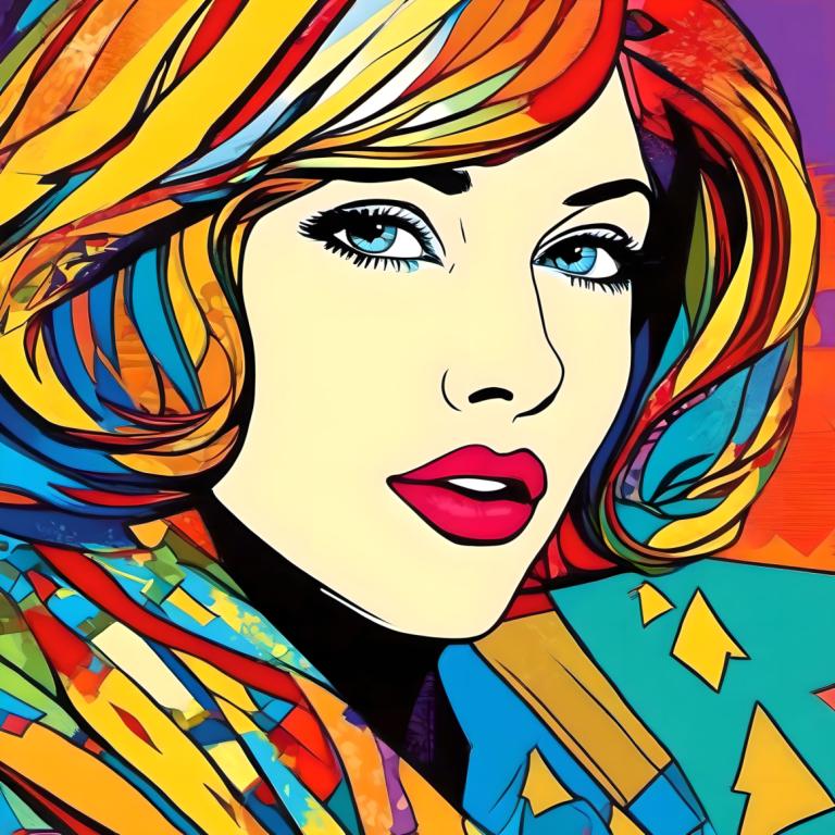 Pop Art,Pop Art, People, woman, 1girl, solo, colorful, blue eyes, multicolored hair, blonde hair, portrait