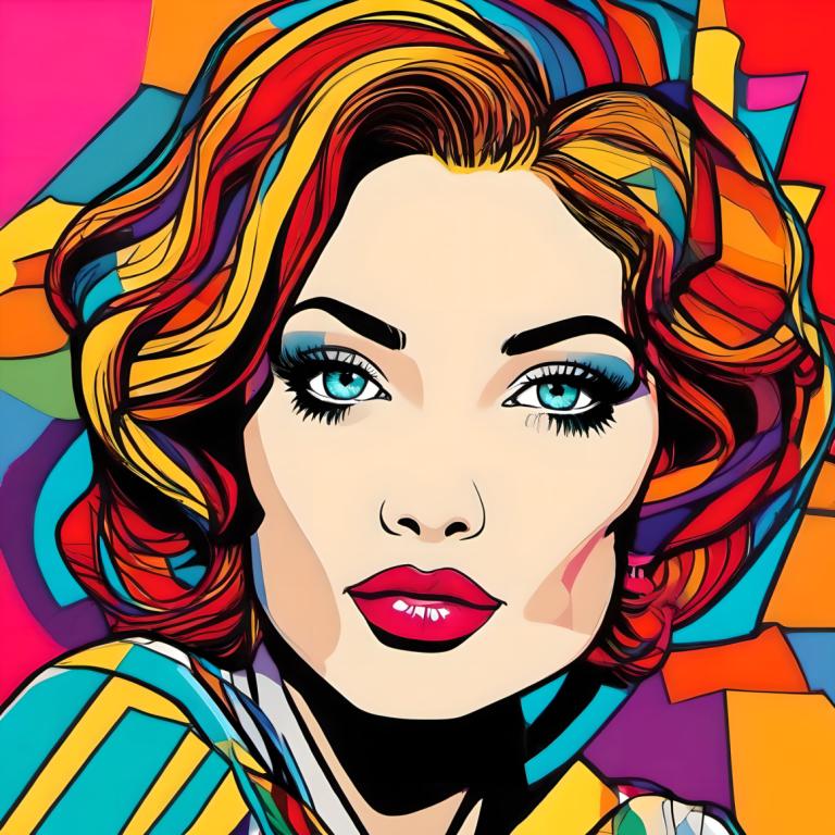 Pop Art,Pop Art, Mennesker, kvinne, 1 jente, solo, flerfarget hår, sminke, rødt hår, blondt hår, fargerik