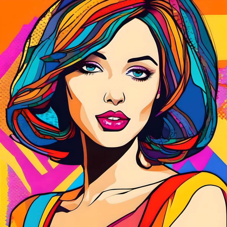 Pop Art,Pop Art, People, woman, 1girl, solo, colorful, multicolored hair, makeup, rainbow hair, blue eyes