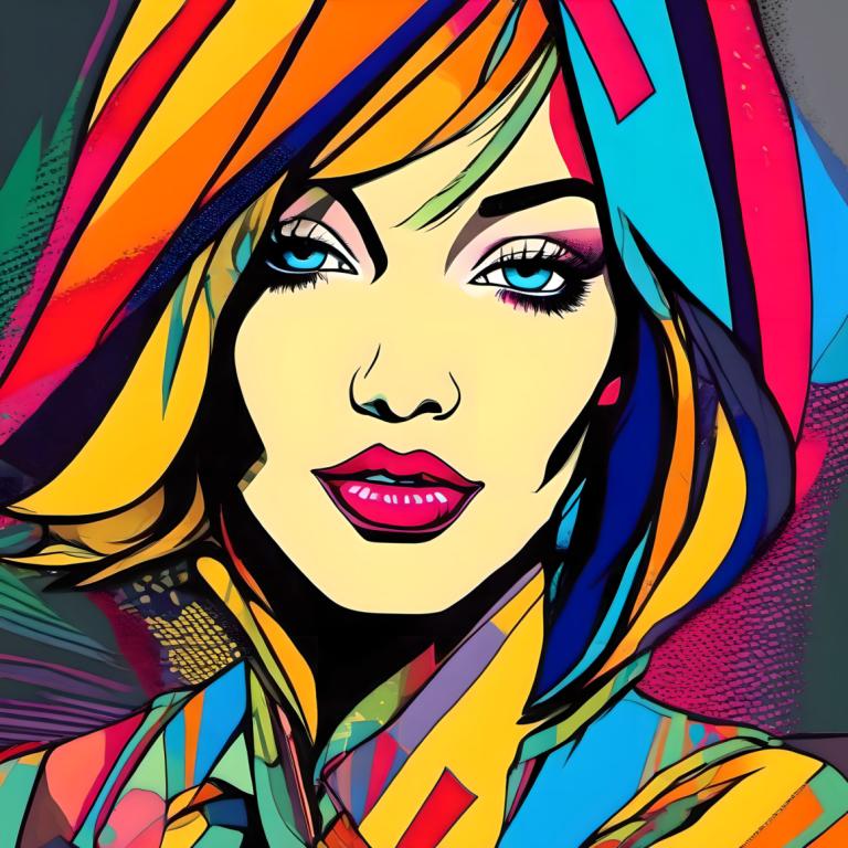 Pop Art,Pop Art, People, woman, 1girl, solo, blue eyes, colorful, makeup, blonde hair, lipstick, portrait