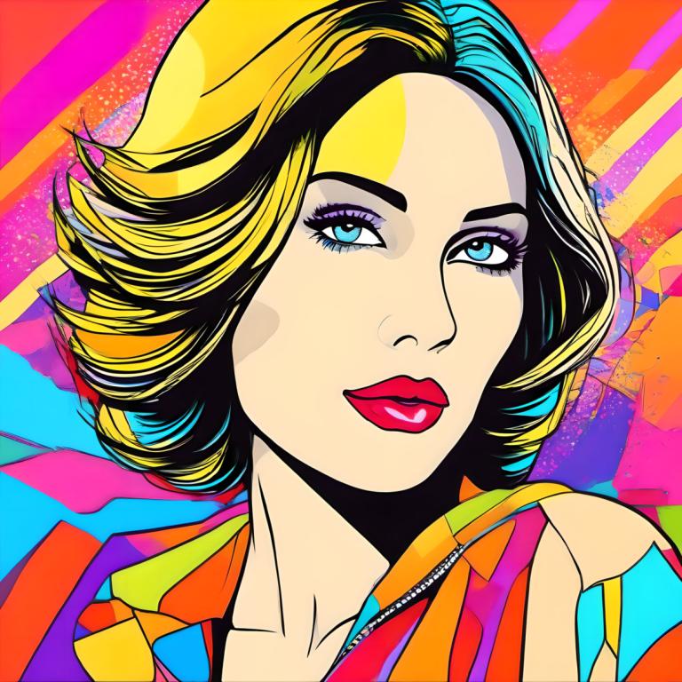 Pop Art,Pop Art, Lidé, žena, 1 dívka, sólo, blond vlasy, makeup, modré oči, barvitý, vícebarevné oblečení