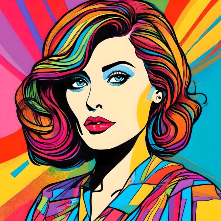 Pop-art,Pop-art, Mensen, vrouw, 1meisje, solo, kleurrijk, shirt, veelkleurig haar, bedenken, regenboog haar