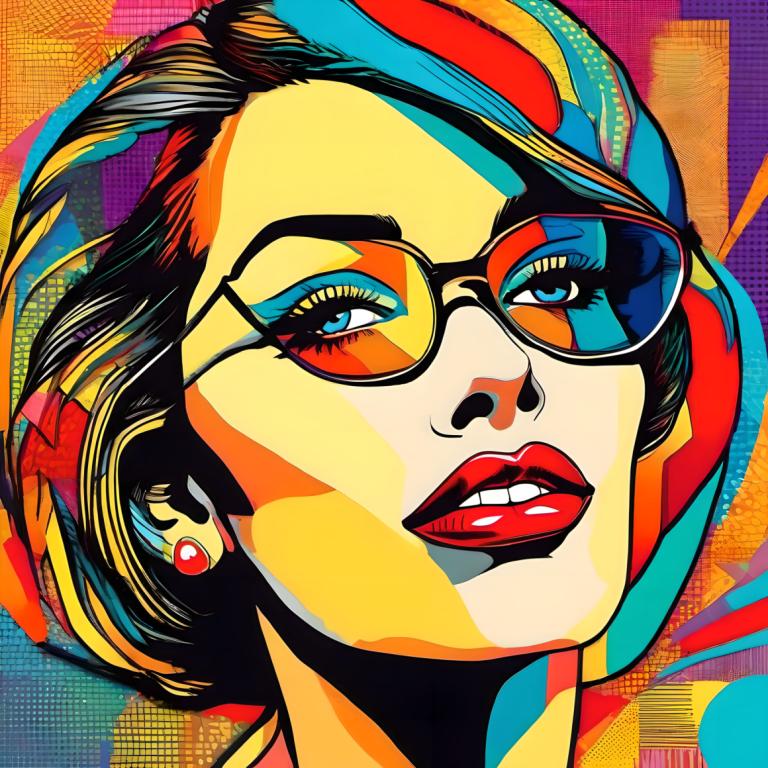 Pop Art,Pop Art, People, woman, 1girl, solo, earrings, jewelry, portrait, blue eyes, makeup, sunglasses