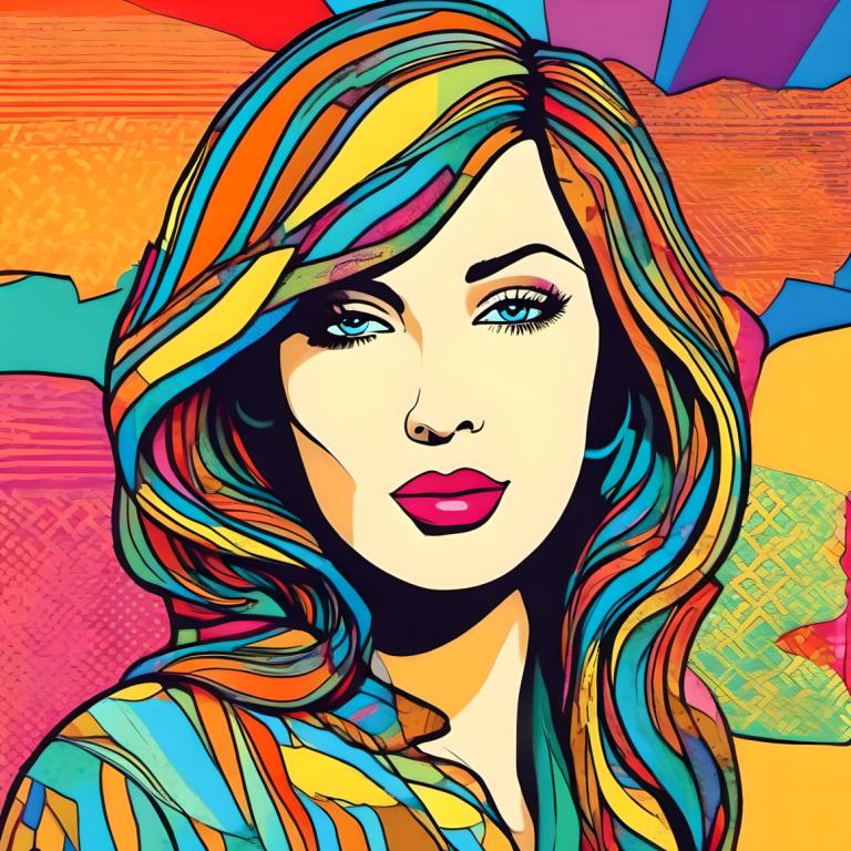 Pop Art,Pop Art, People, woman, colorful, 1girl, solo, rainbow hair, blue eyes, multicolored hair, makeup