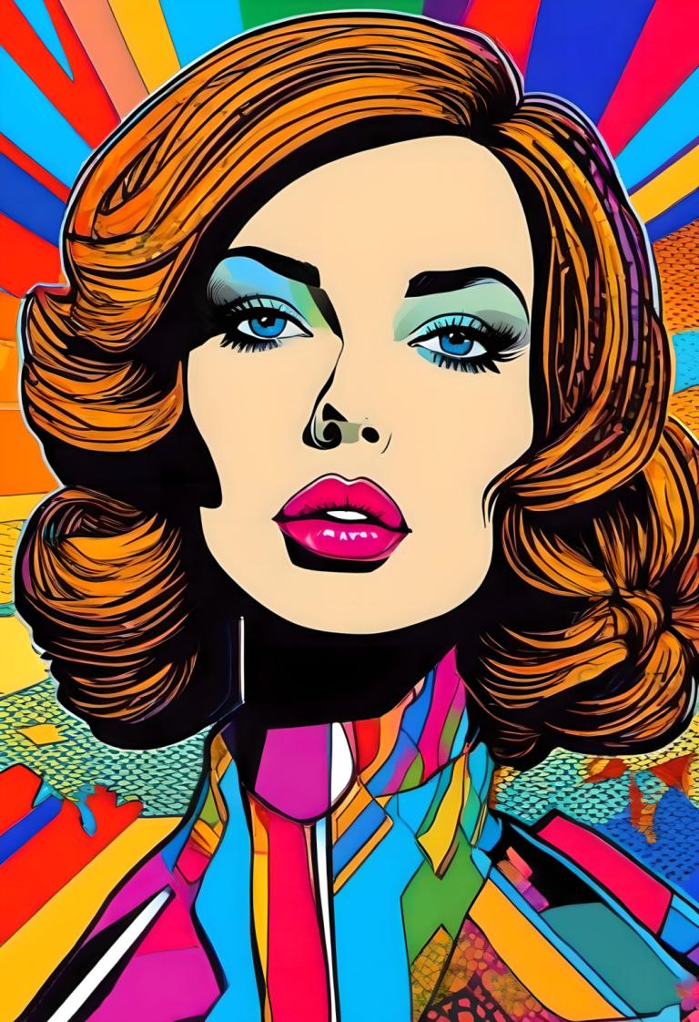 Pop Art,Pop Art, People, woman, 1girl, solo, makeup, blue eyes, eyeshadow, multicolored clothes, colorful