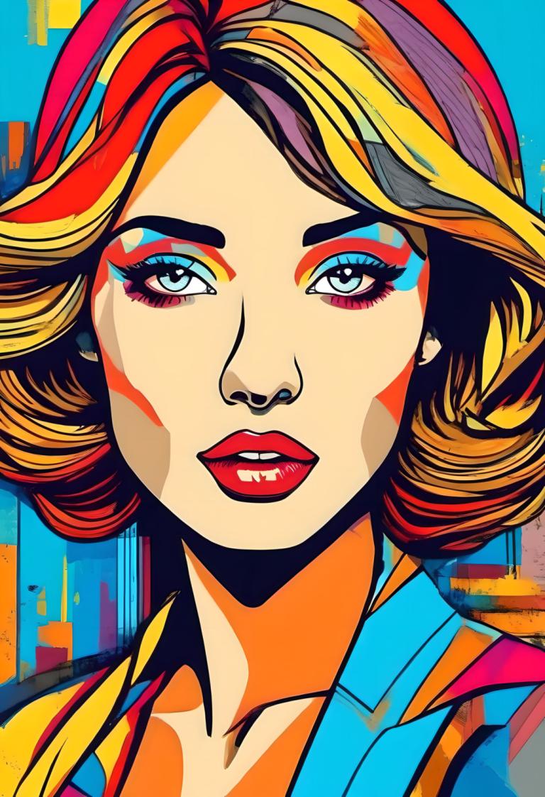 Pop Art,Pop Art, People, woman, 1girl, solo, makeup, blonde hair, multicolored hair, portrait, eyeshadow