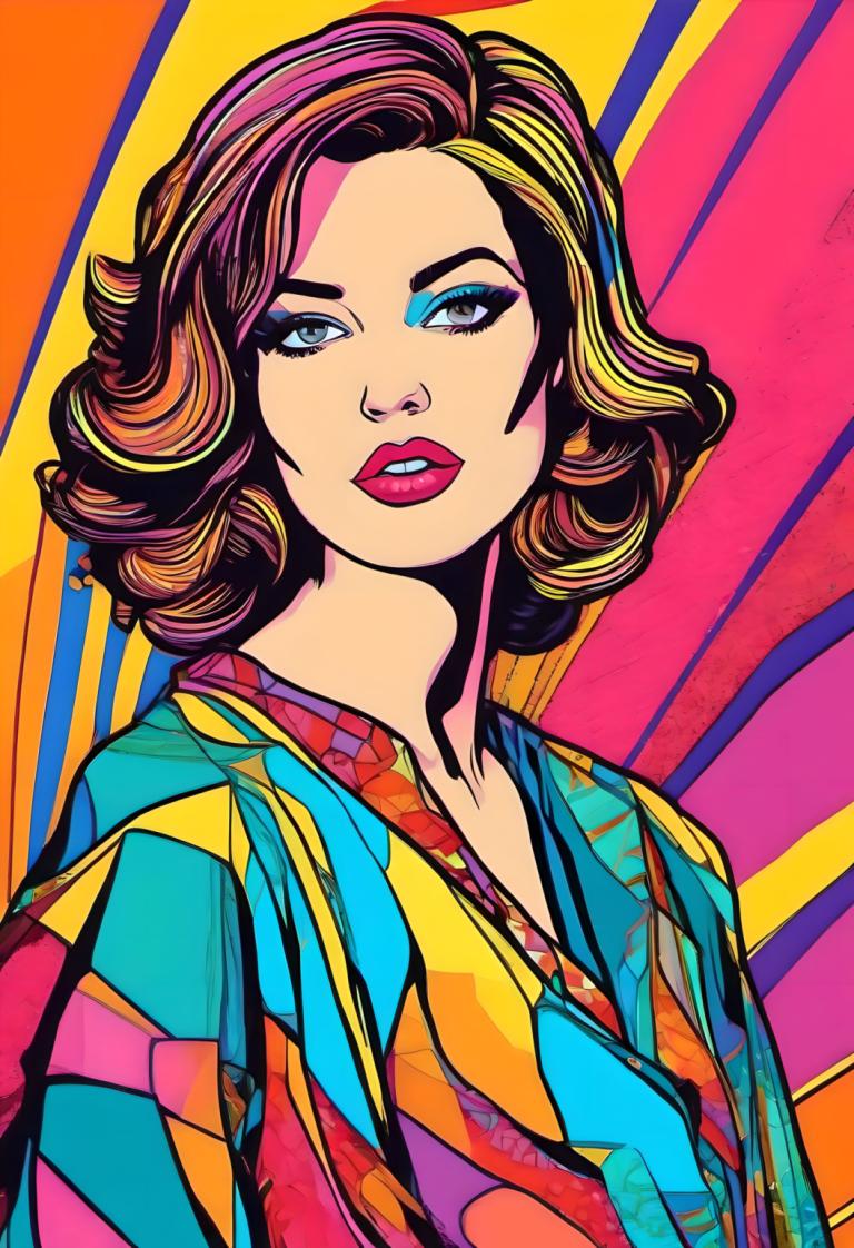 Pop Art,Pop Art, People, woman, 1girl, solo, multicolored clothes, brown hair, parted lips, makeup