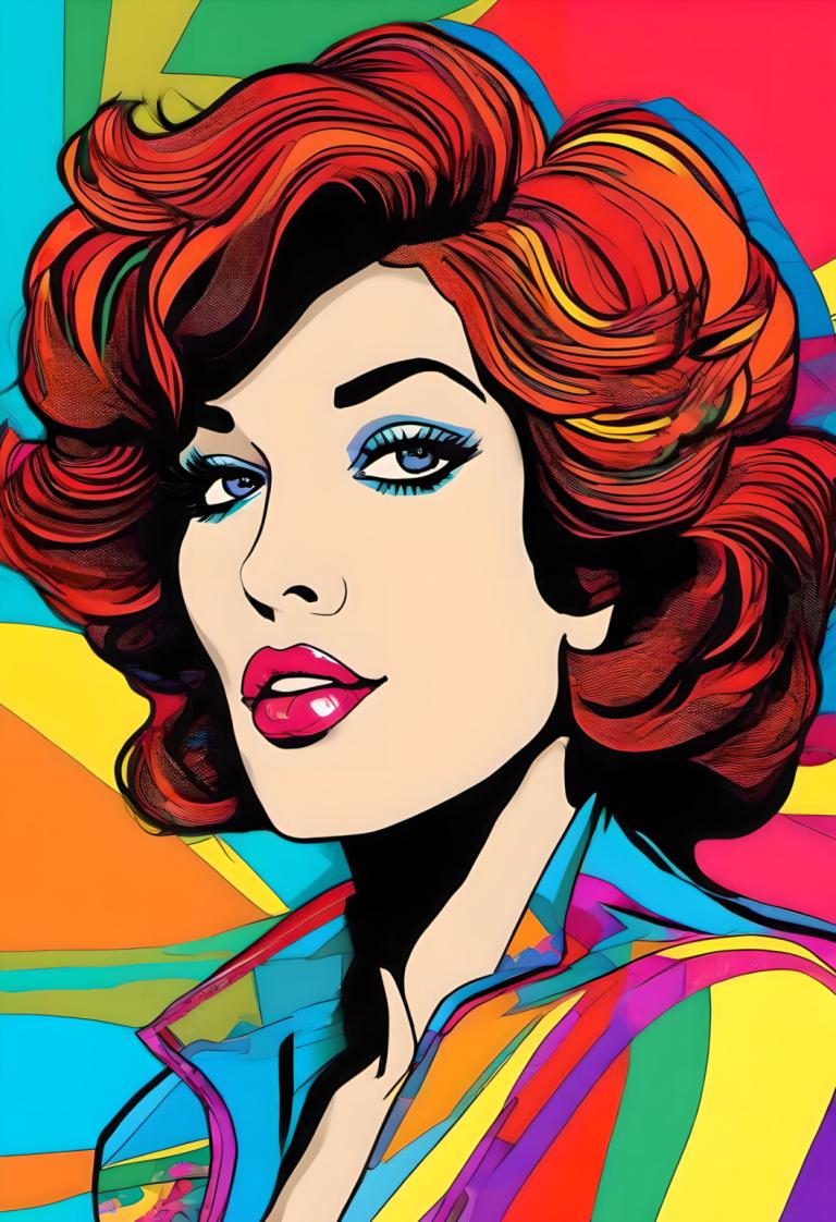 Pop Art,Pop Art, People, woman, 1girl, solo, makeup, red hair, blue eyes, lipstick, parted lips, colorful