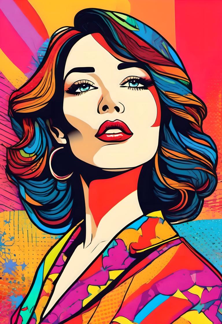 Pop Art,Pop Art, Oameni, femeie, 1 fata, solo, colorat, cercei, Bijuterii, păr multicolor, buze întredeschise