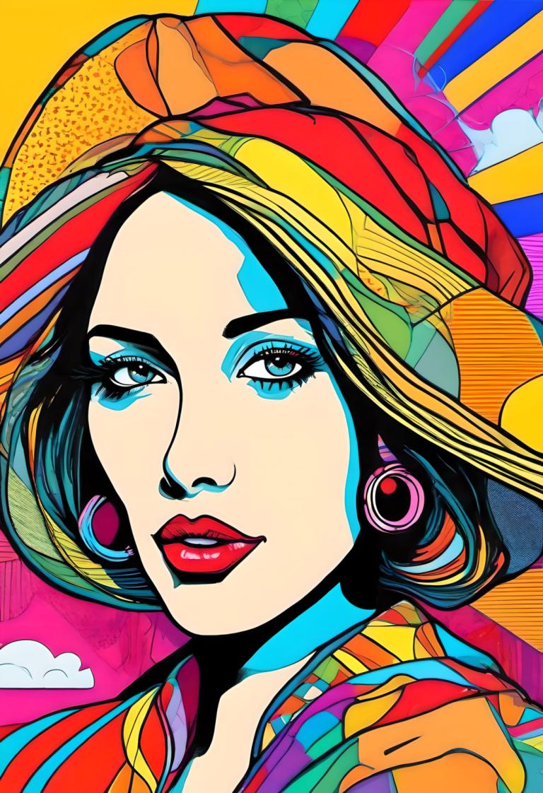 Pop Art,Pop Art, People, woman, 1girl, solo, earrings, jewelry, colorful, blue eyes, portrait, makeup, hat