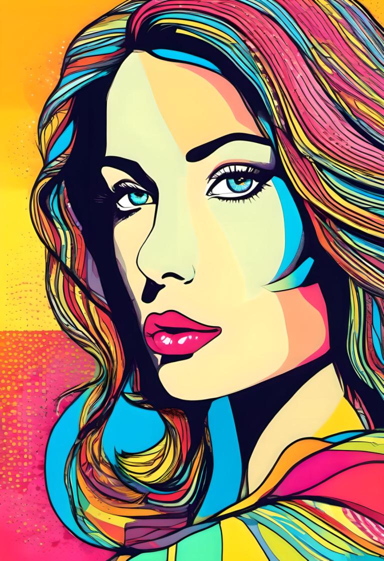 Pop Art,Pop Art, People, woman, 1girl, solo, multicolored hair, colorful, portrait, blue eyes, makeup