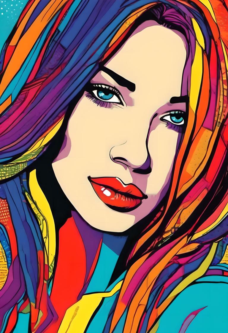 Pop Art,Pop Art, People, woman, 1girl, solo, multicolored hair, blue eyes, makeup, lipstick, red lips