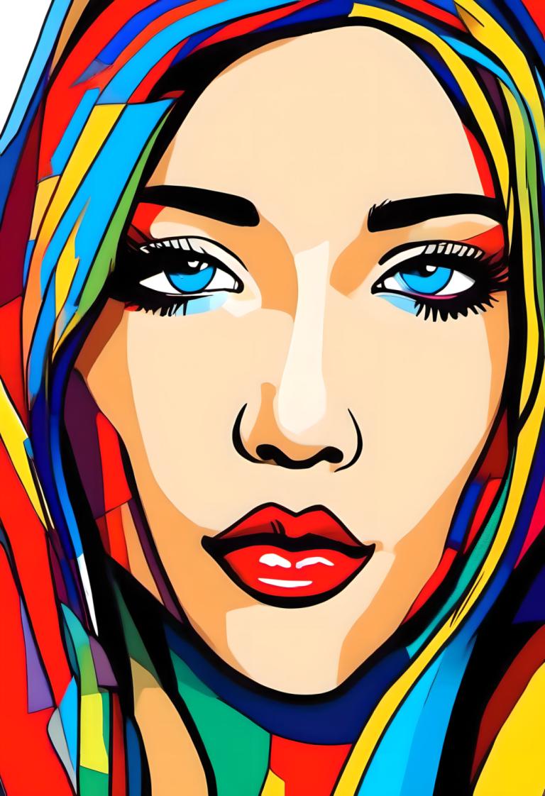 Pop Art,Pop Art, People, woman, 1girl, solo, blue eyes, makeup, blue hair, portrait, multicolored hair