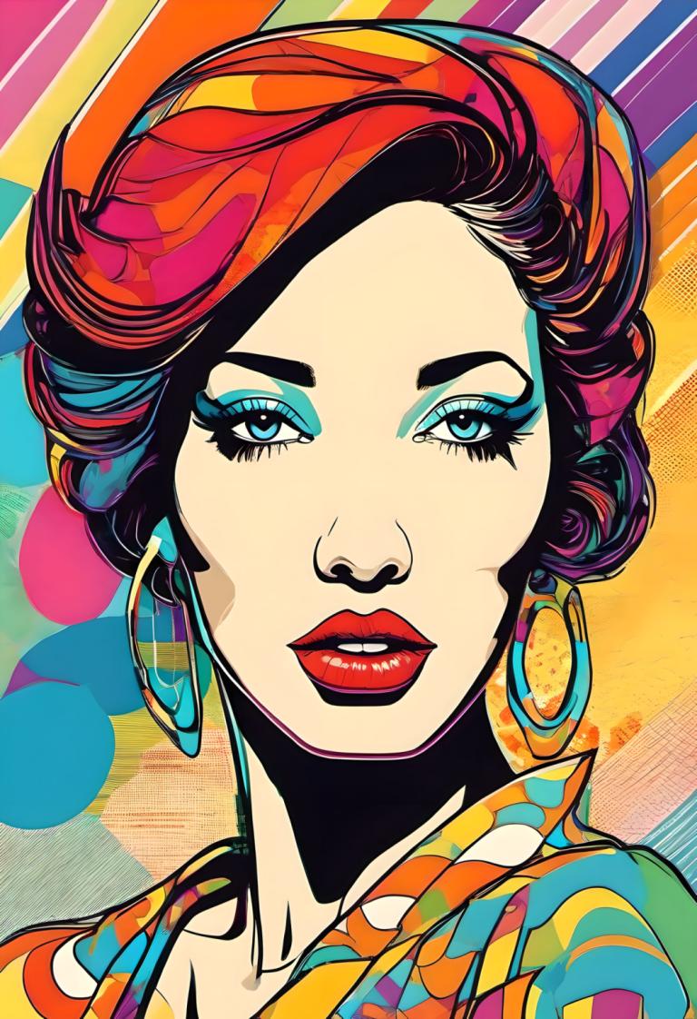 Pop Art,Pop Art, People, woman, 1girl, solo, jewelry, earrings, makeup, blue eyes, eyeshadow, red hair