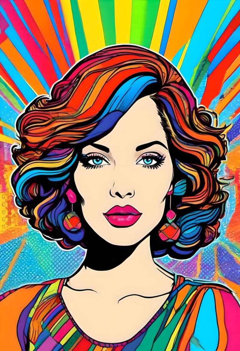 Pop Art,Pop Art, Lidé, žena, 1 dívka, sólo, barvitý, náušnice, vícebarevné vlasy, šperky, modré oči, makeup