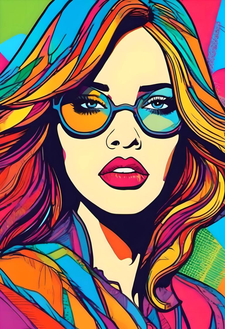 Pop Art,Pop Art, People, woman, 1girl, solo, colorful, multicolored hair, sunglasses, blonde hair