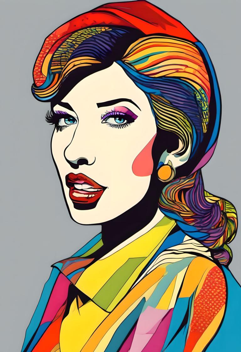 Pop Art,Pop Art, Mennesker, kvinde, 1 pige, solo, øreringe, smykker, makeup, grå baggrund, flerfarvet hår