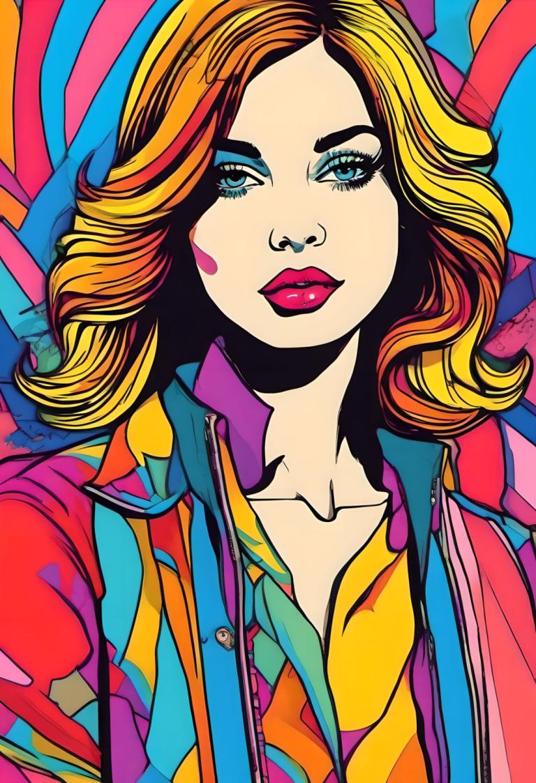 Pop Art,Pop Art, Mennesker, kvinde, solo, 1 pige, farverig, skjorte, blond hår, blå øjne, klovn, makeup