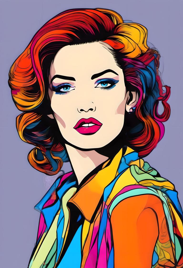 Pop Art,Pop Art, Mennesker, kvinde, 1 pige, solo, makeup, blå øjne, flerfarvet hår, øreringe, smykker