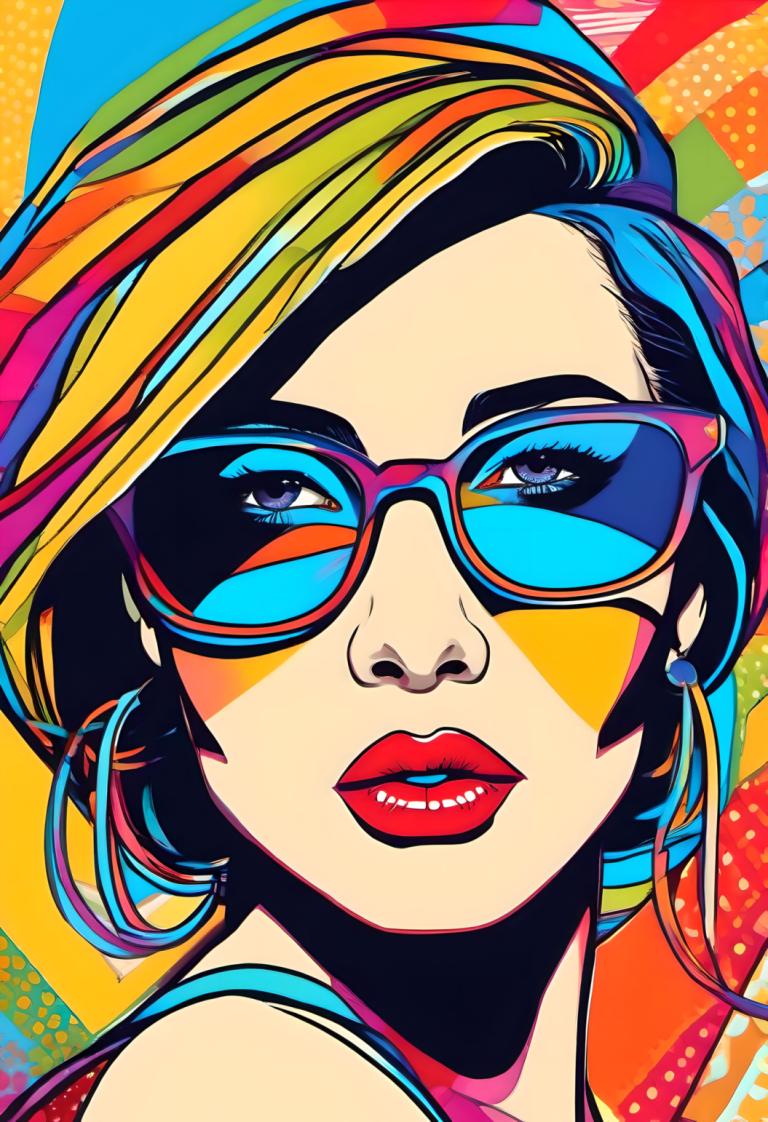 Pop Art,Pop Art, People, woman, 1girl, solo, sunglasses, colorful, earrings, multicolored hair, portrait