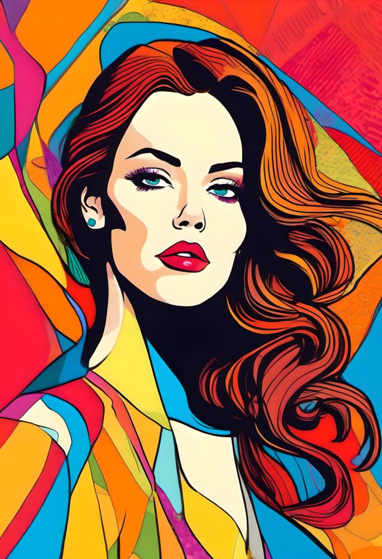 Pop Art,Pop Art, People, woman, 1girl, solo, earrings, jewelry, long hair, brown hair, makeup, parted lips