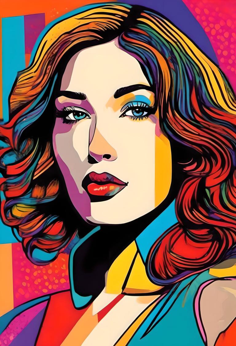 Pop Art,Pop Art, Mennesker, kvinde, 1 pige, solo, flerfarvet hår, makeup, blå øjne, rødt hår, skygge