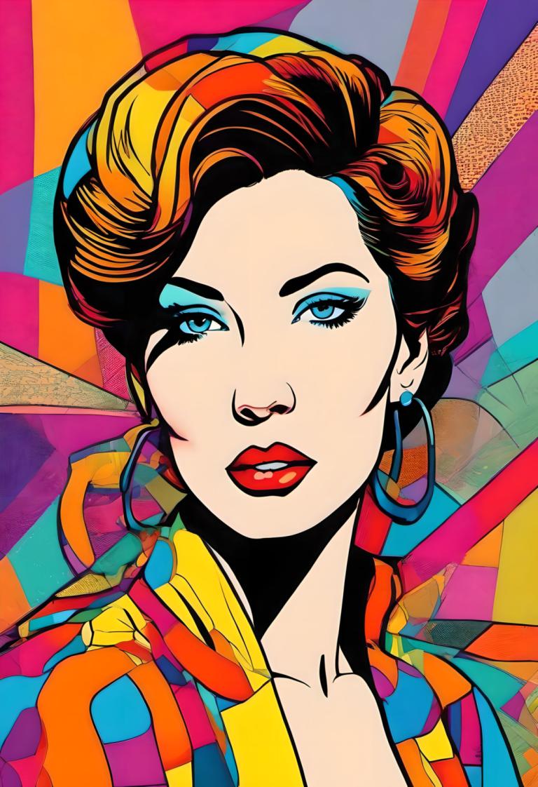 Pop Art,Pop Art, People, woman, 1girl, solo, jewelry, earrings, hoop earrings, blue eyes, makeup, brown hair