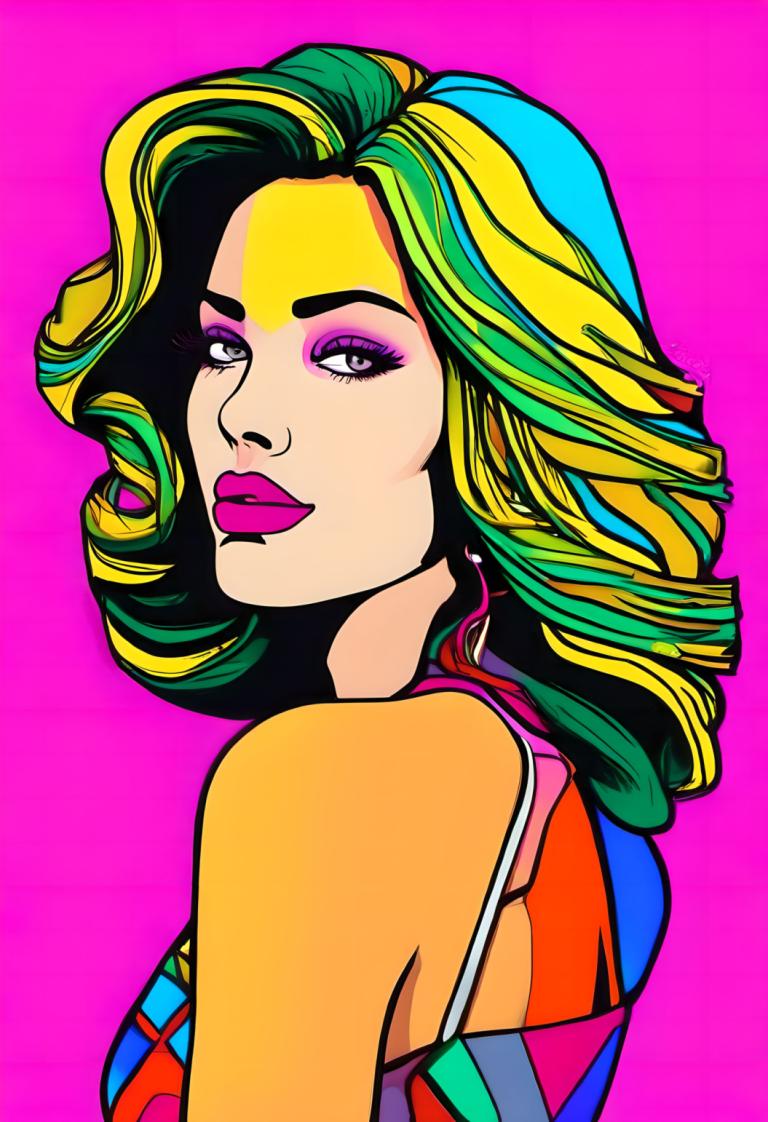 Pop Art,Pop Art, People, woman, 1girl, solo, multicolored hair, blonde hair, pink background, makeup