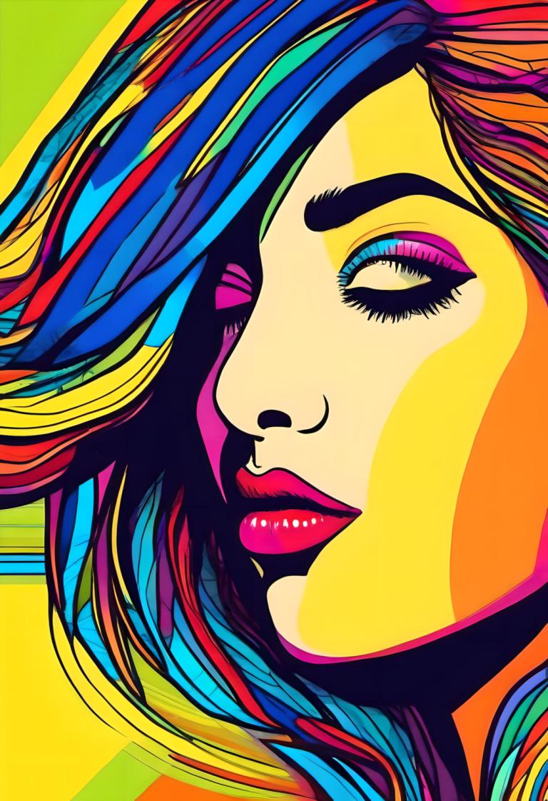 Pop Art,Pop Art, People, woman, 1girl, solo, rainbow hair, colorful, makeup, multicolored hair, blue hair