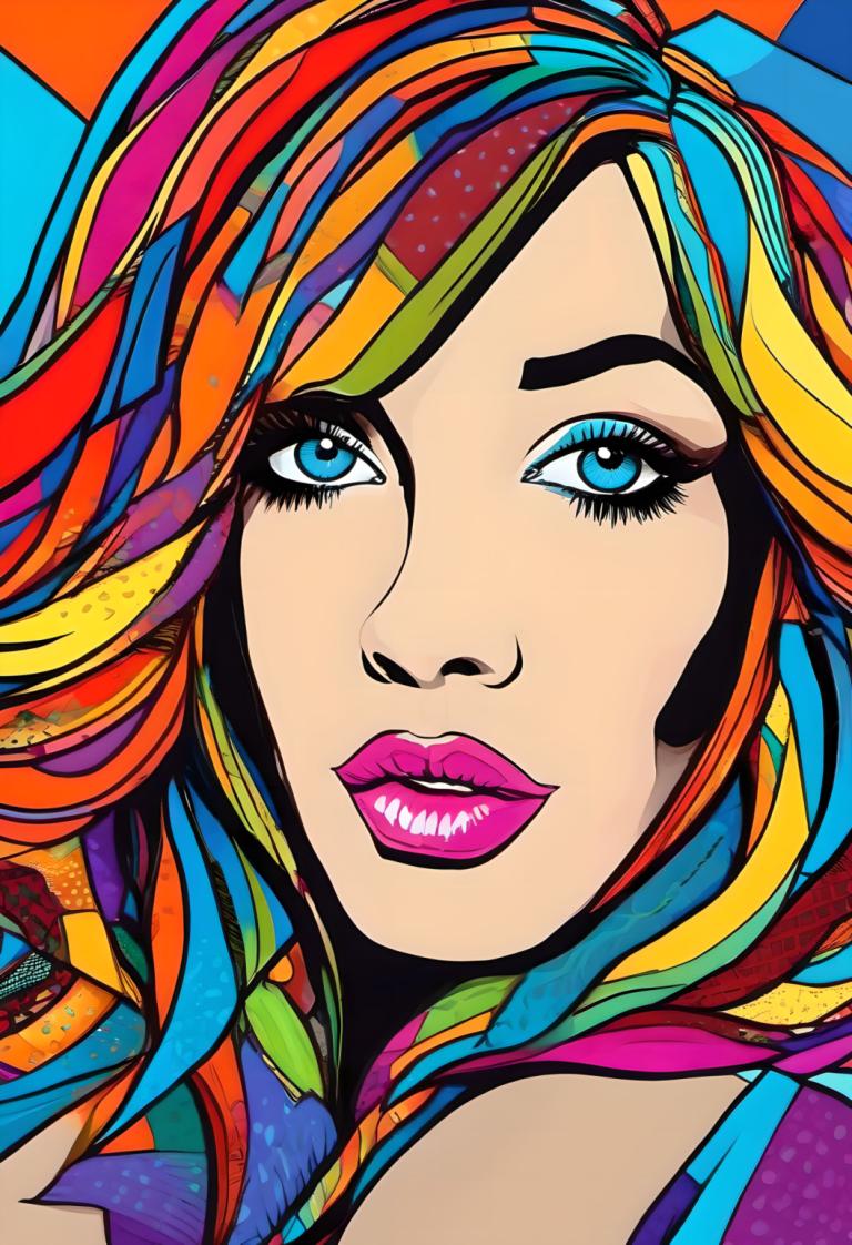 Pop Art,Pop Art, Mennesker, kvinde, 1 pige, solo, regnbuehår, farverig, blå øjne, flerfarvet hår, makeup