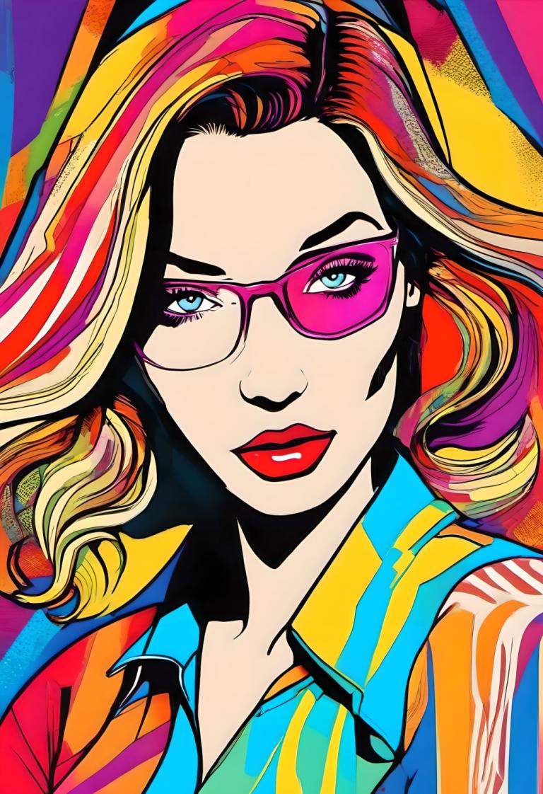 Pop-Art,Pop-Art, Menschen, Frau, 1Mädchen, Solo, blondes Haar, mehrfarbiges Haar, bunt, Hemd, Sonnenbrille