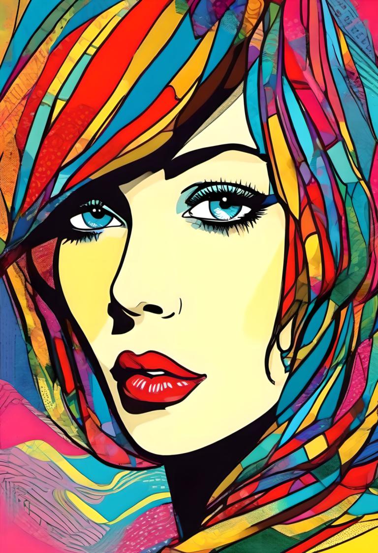 Pop-Art,Pop-Art, Menschen, Frau, 1Mädchen, Solo, bunt, blaue Augen, bilden, mehrfarbiges Haar, Lippenstift