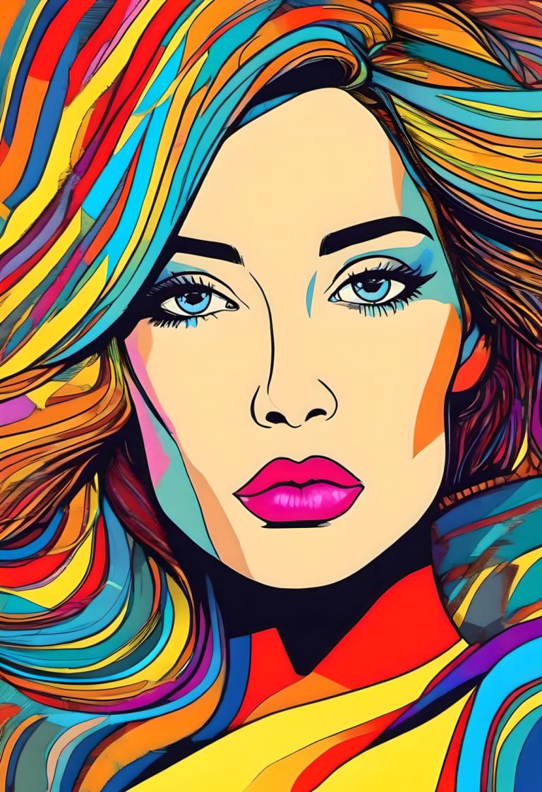 Pop Art,Pop Art, People, woman, 1girl, solo, multicolored hair, blue eyes, portrait, makeup