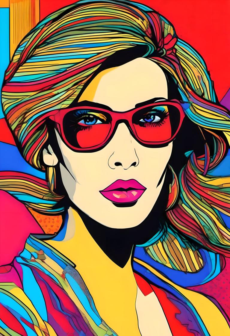 Pop Art,Pop Art, People, woman, 1girl, solo, sunglasses, multicolored hair, colorful, blonde hair, makeup