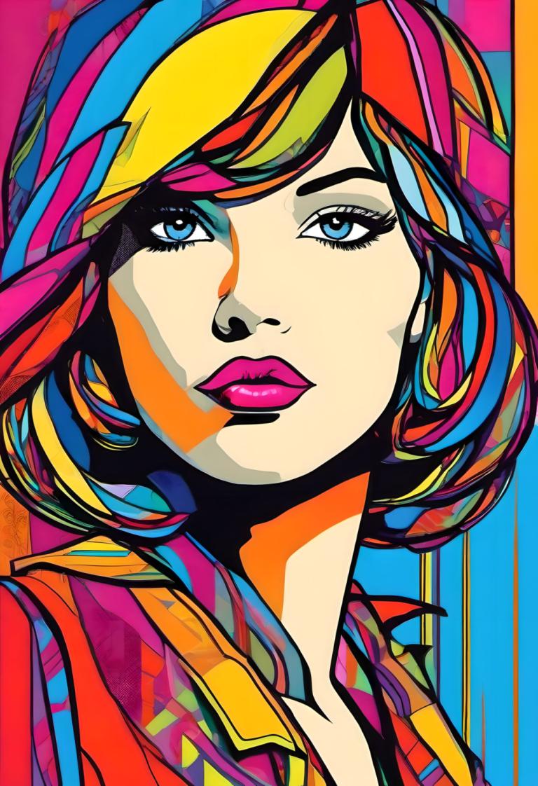 Pop Art,Pop Art, People, woman, 1girl, solo, blue eyes, colorful, multicolored hair, blonde hair, makeup